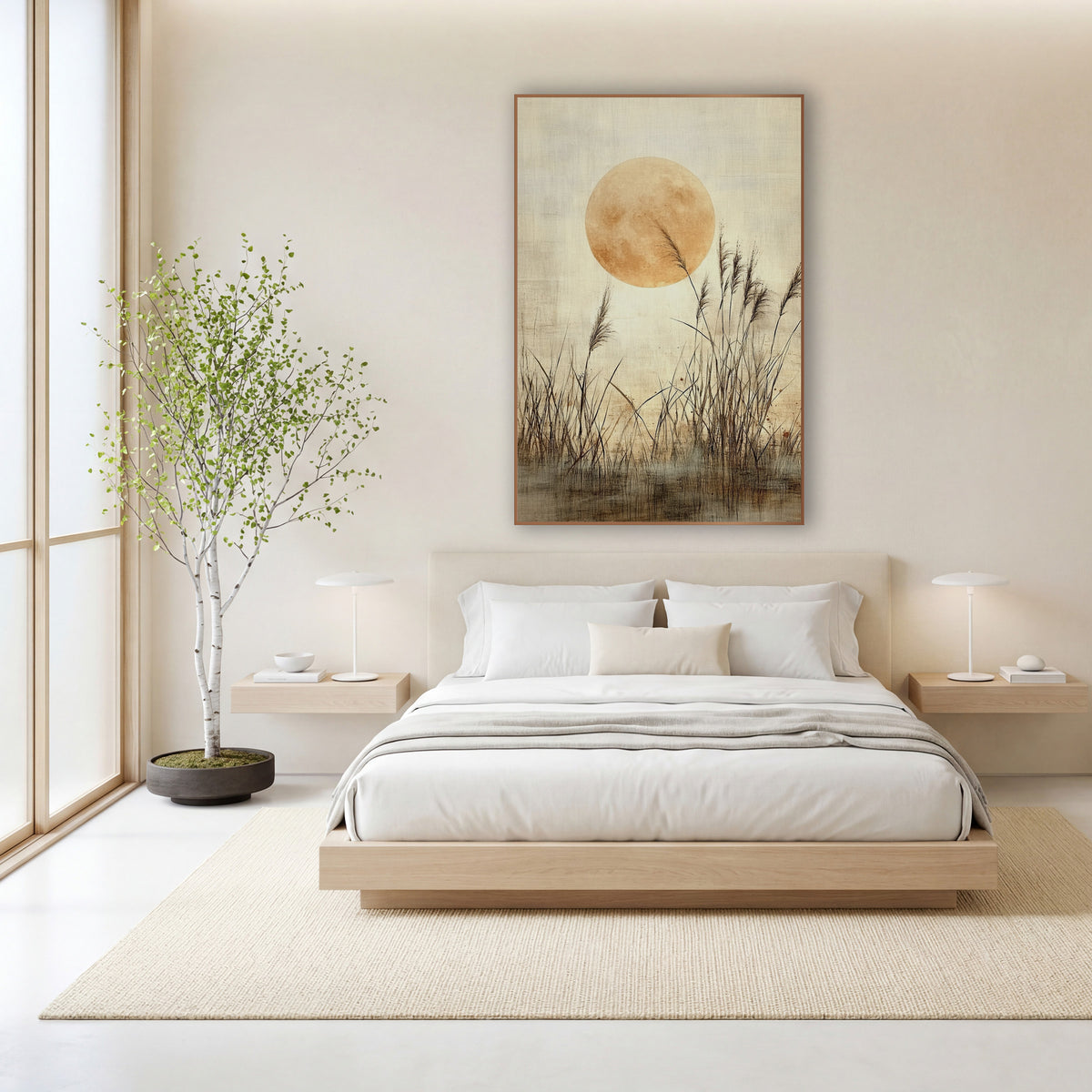 Golden Moon Reed Grass Japandi wall art in a calm Japandi-style room – large golden full moon behind tall feathery