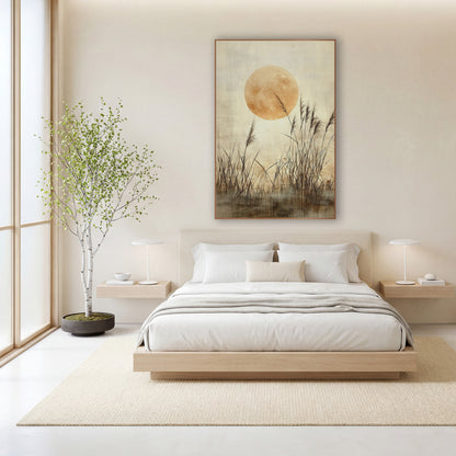 Golden Moon Reed Grass Japandi wall art in a calm Japandi-style room – large golden full moon behind tall feathery
