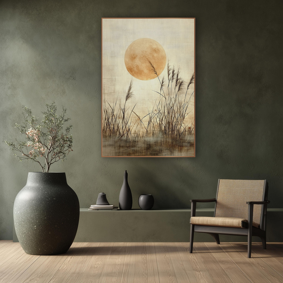 Golden Moon Reed Grass Japandi wall art in a calm Japandi-style room – large golden full moon behind tall feathery
