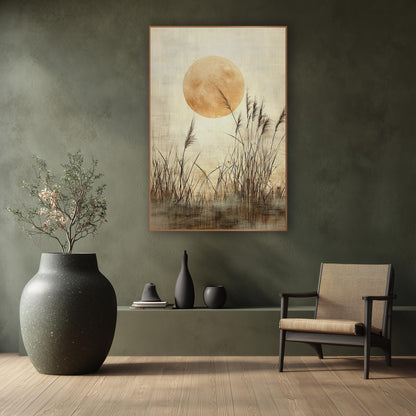 Golden Moon Reed Grass Japandi wall art in a calm Japandi-style room – large golden full moon behind tall feathery