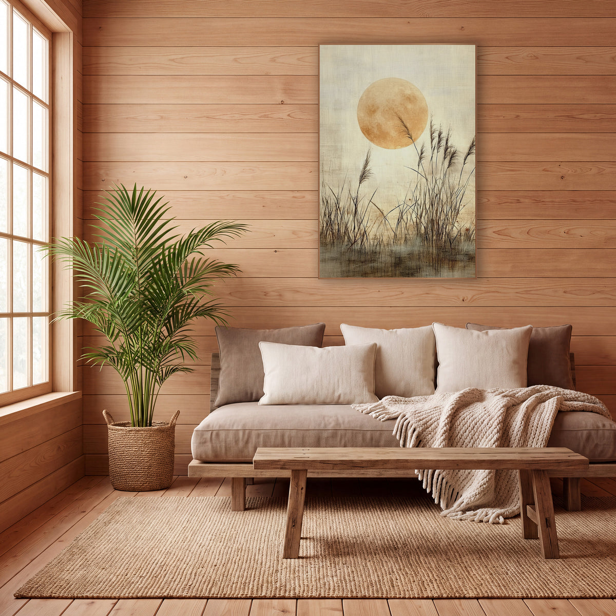 Golden Moon Reed Grass Japandi wall art in a calm Japandi-style room – large golden full moon behind tall feathery