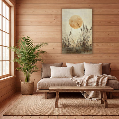 Golden Moon Reed Grass Japandi wall art in a calm Japandi-style room – large golden full moon behind tall feathery