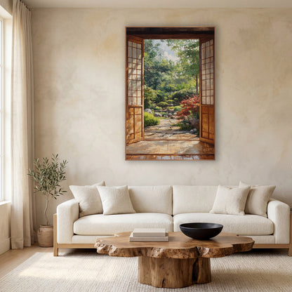 Red Maple Stone Path wall art in a calm Japandi-style room – open wooden doors with pale paned panels frame a green