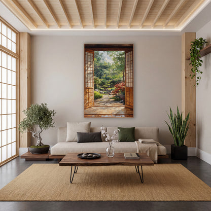 Red Maple Stone Path wall art in a calm Japandi-style room – open wooden doors with pale paned panels frame a green