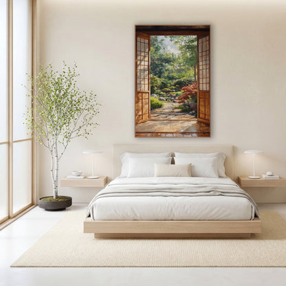Red Maple Stone Path wall art in a calm Japandi-style room – open wooden doors with pale paned panels frame a green