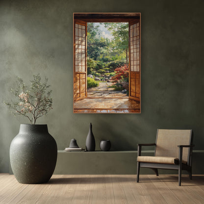 Red Maple Stone Path wall art in a calm Japandi-style room – open wooden doors with pale paned panels frame a green