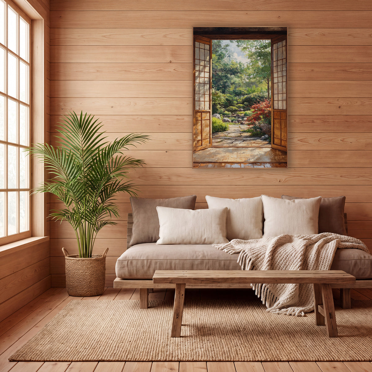 Red Maple Stone Path wall art in a calm Japandi-style room – open wooden doors with pale paned panels frame a green