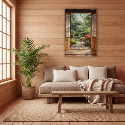 Red Maple Stone Path wall art in a calm Japandi-style room – open wooden doors with pale paned panels frame a green
