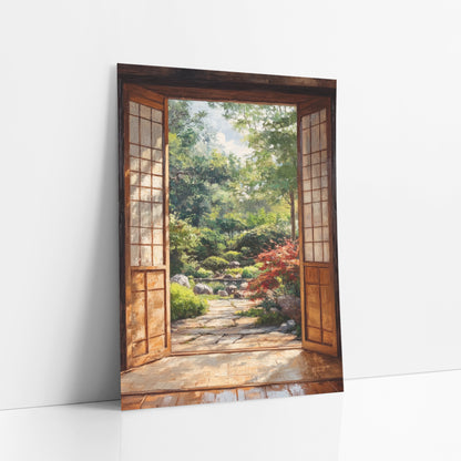 Red Maple Stone Path art print leaning against a white wall – open wooden doors with pale paned panels frame a green garden