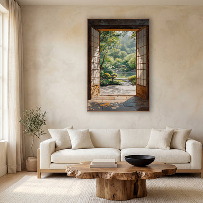 Open Shoji Door Garden View wall art in a calm Japandi-style room – open wooden shoji doors frame a sunlit garden