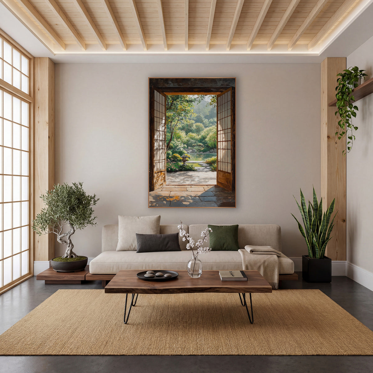 Open Shoji Door Garden View wall art in a calm Japandi-style room – open wooden shoji doors frame a sunlit garden