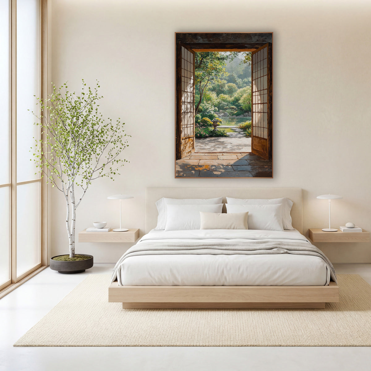 Open Shoji Door Garden View wall art in a calm Japandi-style room – open wooden shoji doors frame a sunlit garden