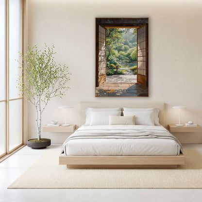 Open Shoji Door Garden View wall art in a calm Japandi-style room – open wooden shoji doors frame a sunlit garden