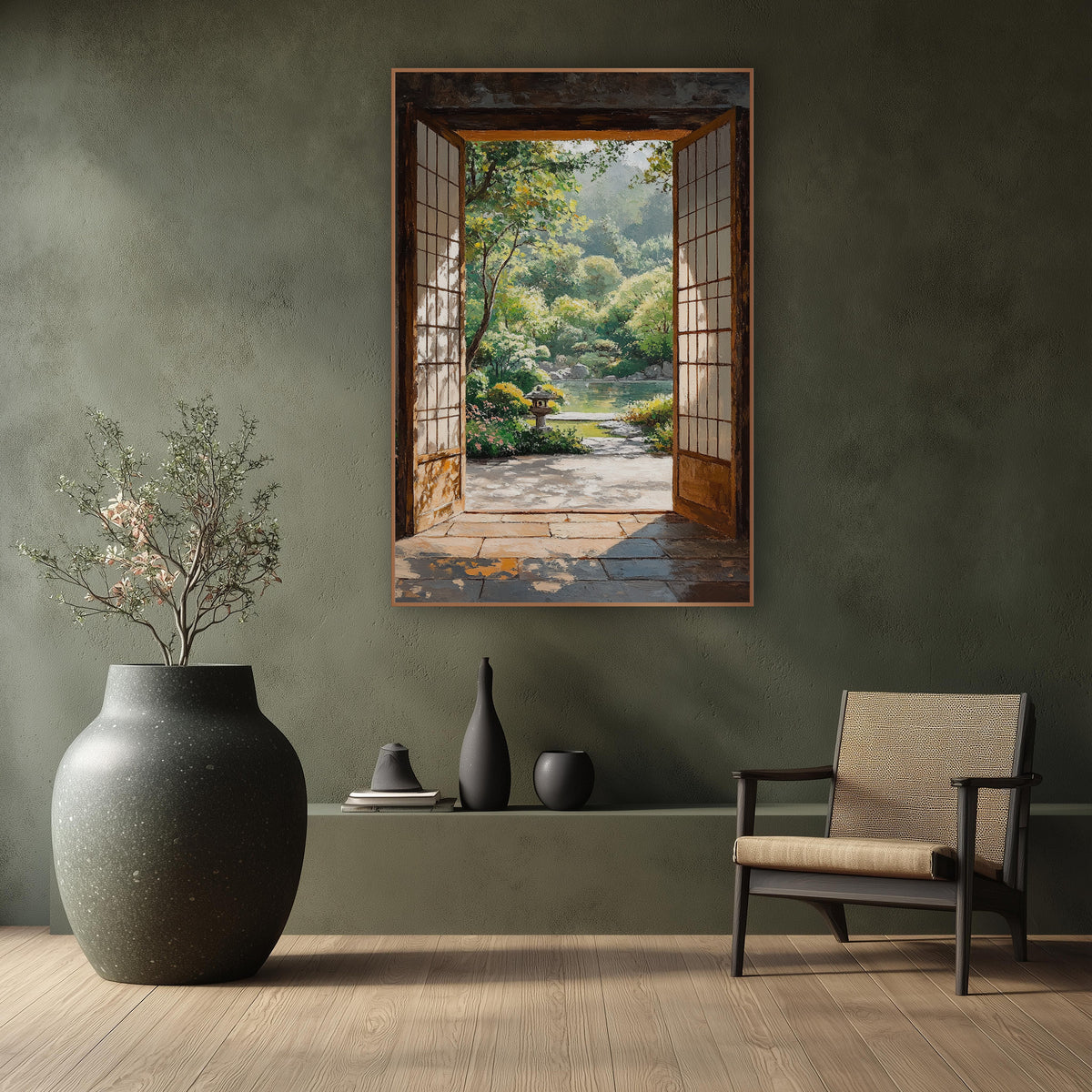 Open Shoji Door Garden View wall art in a calm Japandi-style room – open wooden shoji doors frame a sunlit garden