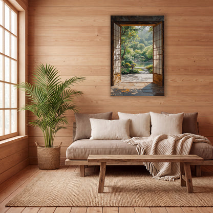 Open Shoji Door Garden View wall art in a calm Japandi-style room – open wooden shoji doors frame a sunlit garden