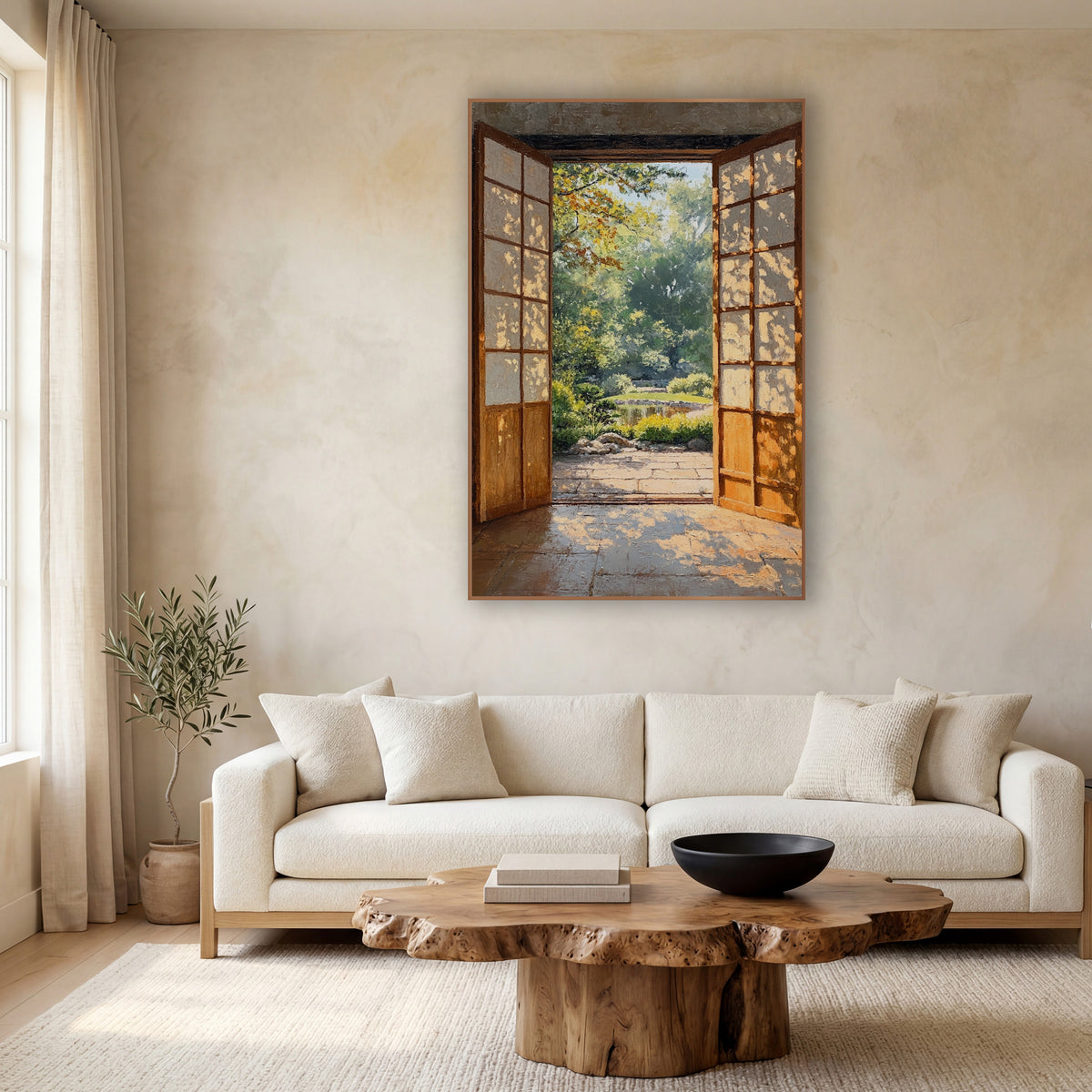 Dappled Light Doorway Pond Japandi wall art in a calm Japandi-style room – two open wooden doors with gridded panels