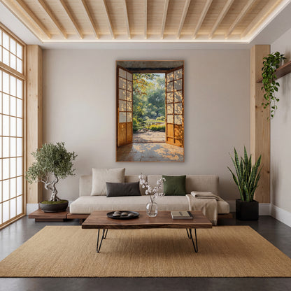 Dappled Light Doorway Pond Japandi wall art in a calm Japandi-style room – two open wooden doors with gridded panels