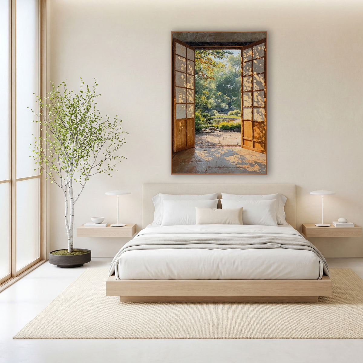 Dappled Light Doorway Pond Japandi wall art in a calm Japandi-style room – two open wooden doors with gridded panels