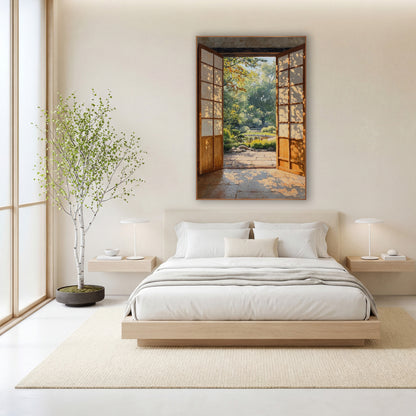 Dappled Light Doorway Pond Japandi wall art in a calm Japandi-style room – two open wooden doors with gridded panels