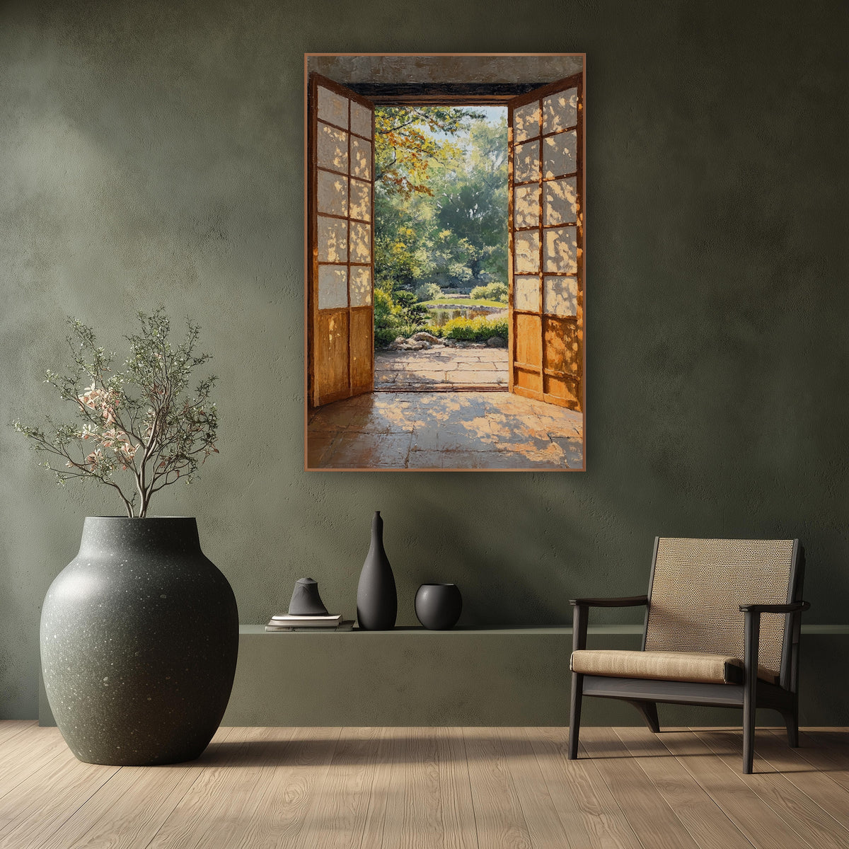 Dappled Light Doorway Pond Japandi wall art in a calm Japandi-style room – two open wooden doors with gridded panels