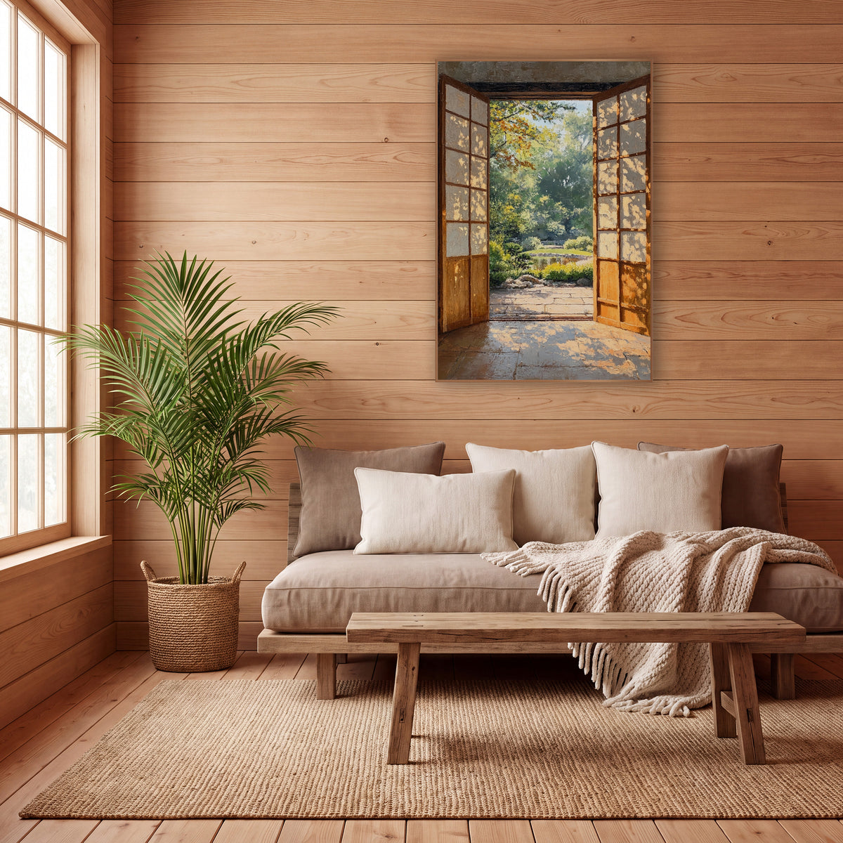 Dappled Light Doorway Pond Japandi wall art in a calm Japandi-style room – two open wooden doors with gridded panels