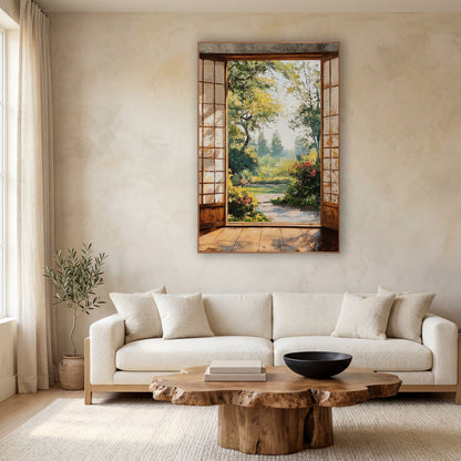 Misty Yellow Green Garden wall art in a calm Japandi-style room – garden view through open wooden doors with gridded