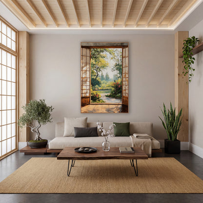 Misty Yellow Green Garden wall art in a calm Japandi-style room – garden view through open wooden doors with gridded