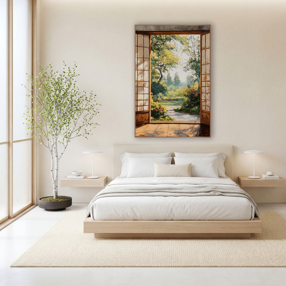 Misty Yellow Green Garden wall art in a calm Japandi-style room – garden view through open wooden doors with gridded