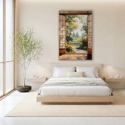 Misty Yellow Green Garden wall art in a calm Japandi-style room – garden view through open wooden doors with gridded