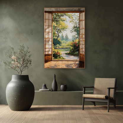 Misty Yellow Green Garden wall art in a calm Japandi-style room – garden view through open wooden doors with gridded