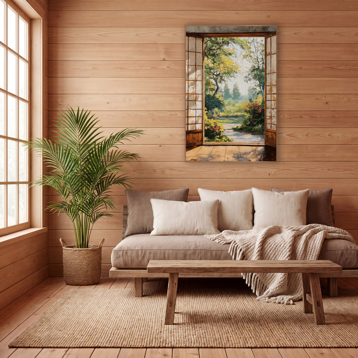 Misty Yellow Green Garden wall art in a calm Japandi-style room – garden view through open wooden doors with gridded