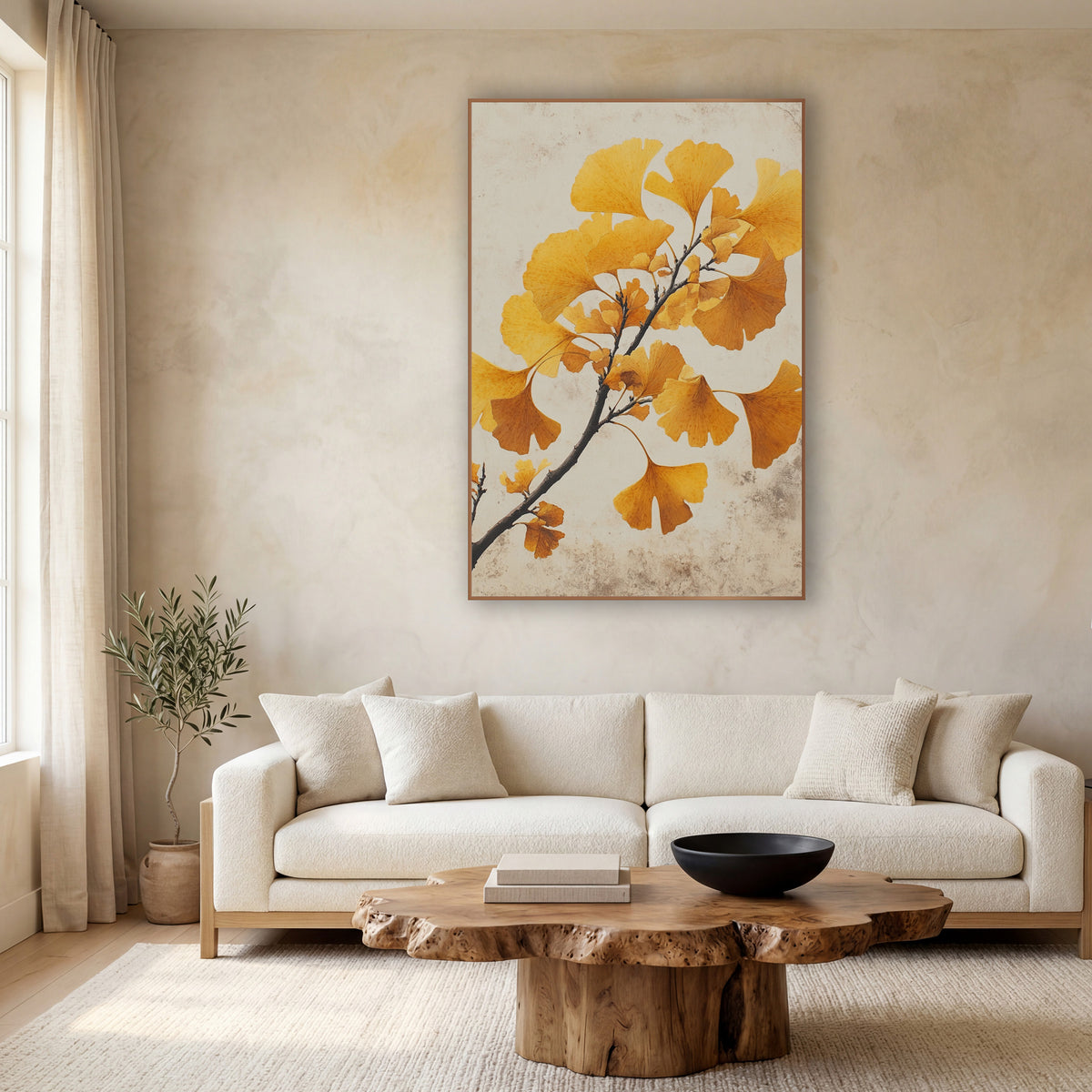Ginkgo Crackled Parchment Study wall art in a calm Japandi-style room – ginkgo branch with golden yellow and amber