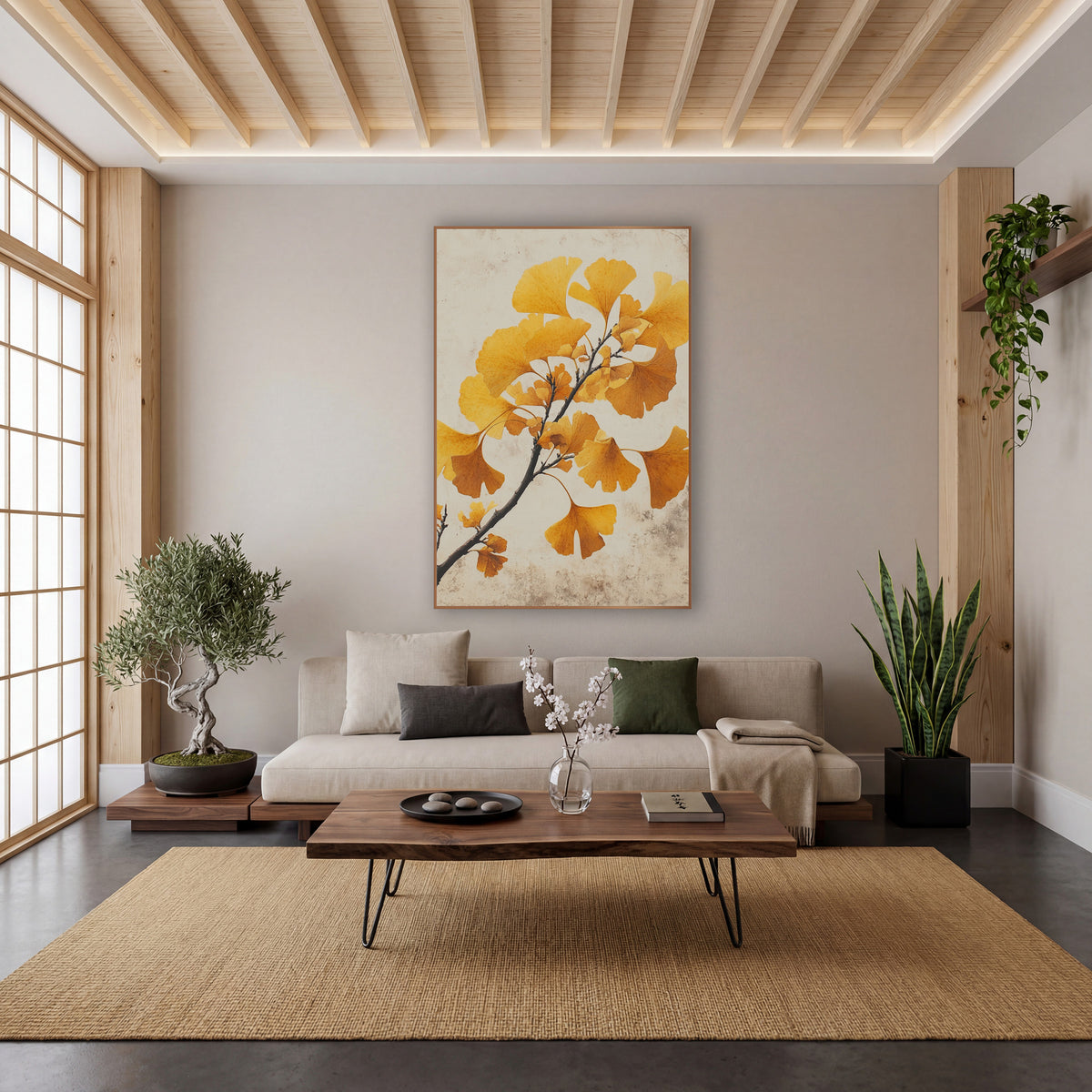 Ginkgo Crackled Parchment Study wall art in a calm Japandi-style room – ginkgo branch with golden yellow and amber