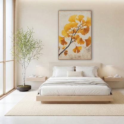 Ginkgo Crackled Parchment Study wall art in a calm Japandi-style room – ginkgo branch with golden yellow and amber