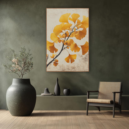 Ginkgo Crackled Parchment Study wall art in a calm Japandi-style room – ginkgo branch with golden yellow and amber