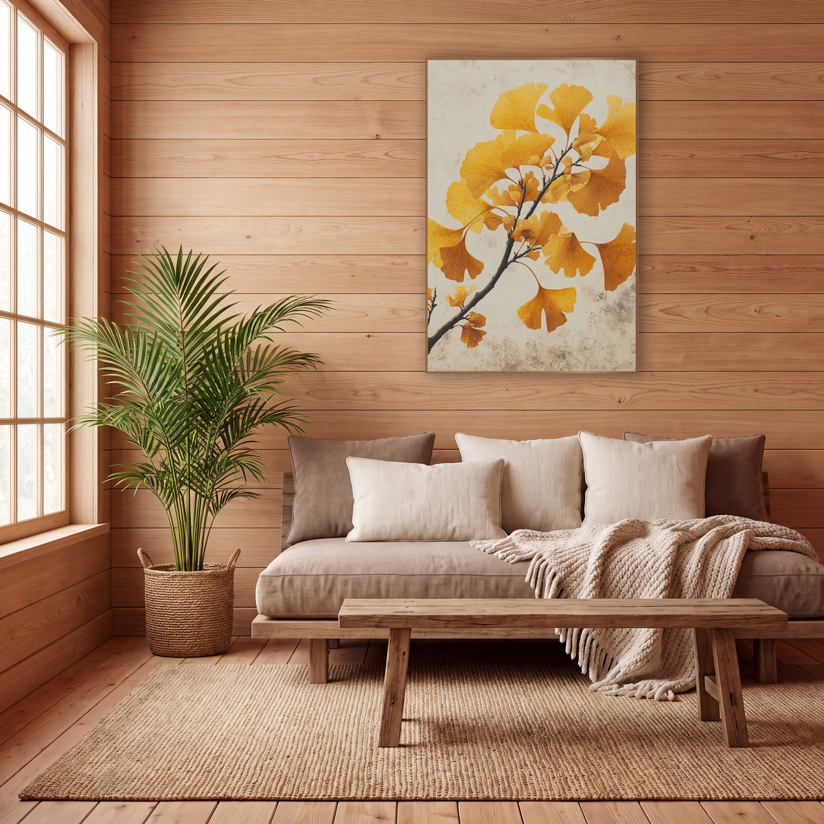 Ginkgo Crackled Parchment Study wall art in a calm Japandi-style room – ginkgo branch with golden yellow and amber