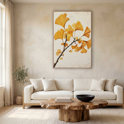Ginkgo Speckled Leaf Sprig wall art in a calm Japandi-style room – ginkgo branch with golden yellow fan-shaped leaves
