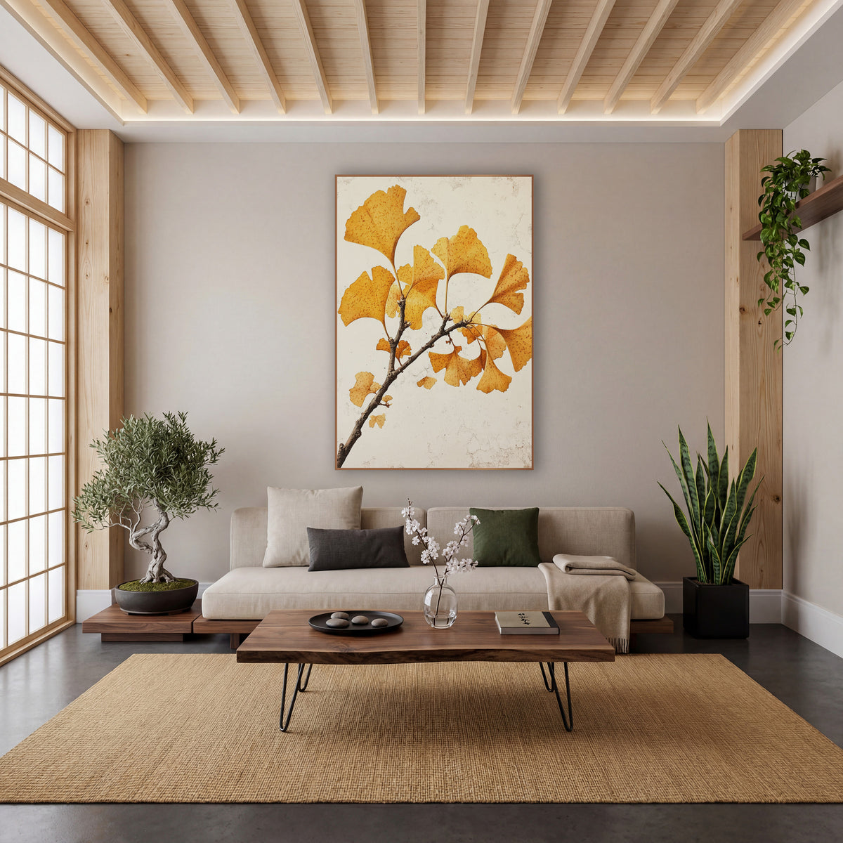 Ginkgo Speckled Leaf Sprig wall art in a calm Japandi-style room – ginkgo branch with golden yellow fan-shaped leaves