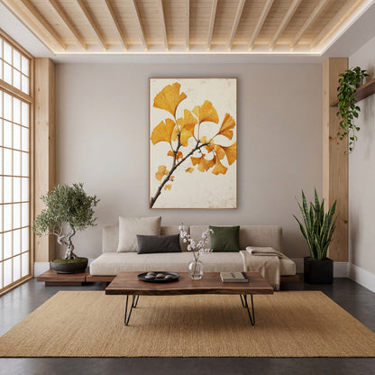 Ginkgo Speckled Leaf Sprig wall art in a calm Japandi-style room – ginkgo branch with golden yellow fan-shaped leaves