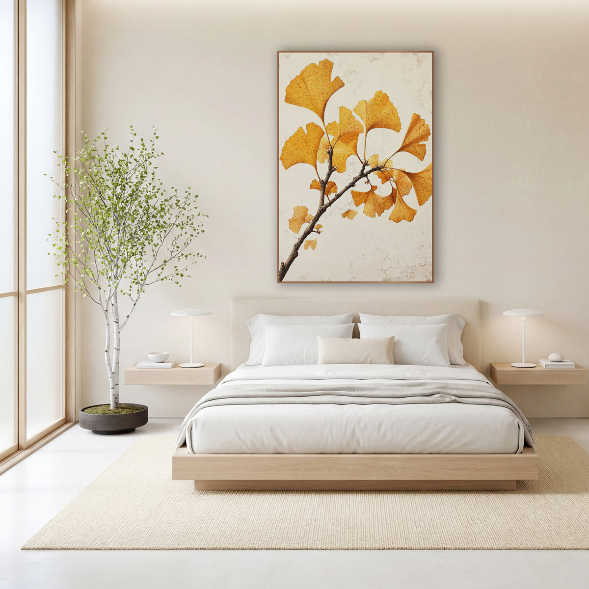 Ginkgo Speckled Leaf Sprig wall art in a calm Japandi-style room – ginkgo branch with golden yellow fan-shaped leaves