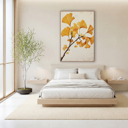 Ginkgo Speckled Leaf Sprig wall art in a calm Japandi-style room – ginkgo branch with golden yellow fan-shaped leaves