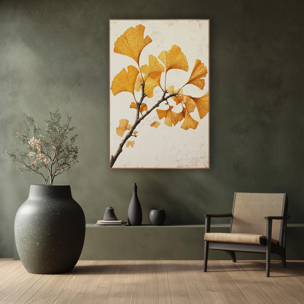 Ginkgo Speckled Leaf Sprig wall art in a calm Japandi-style room – ginkgo branch with golden yellow fan-shaped leaves