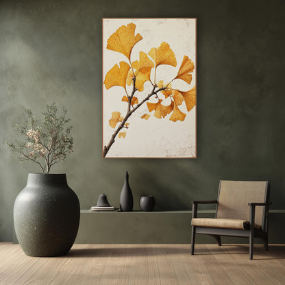Ginkgo Speckled Leaf Sprig wall art in a calm Japandi-style room – ginkgo branch with golden yellow fan-shaped leaves