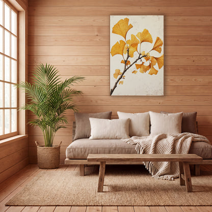 Ginkgo Speckled Leaf Sprig wall art in a calm Japandi-style room – ginkgo branch with golden yellow fan-shaped leaves