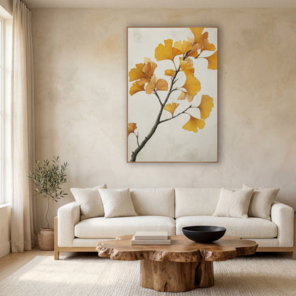 Ginkgo Pale Mist Branch wall art in a calm Japandi-style room – ginkgo branch with golden yellow fan-shaped leaves