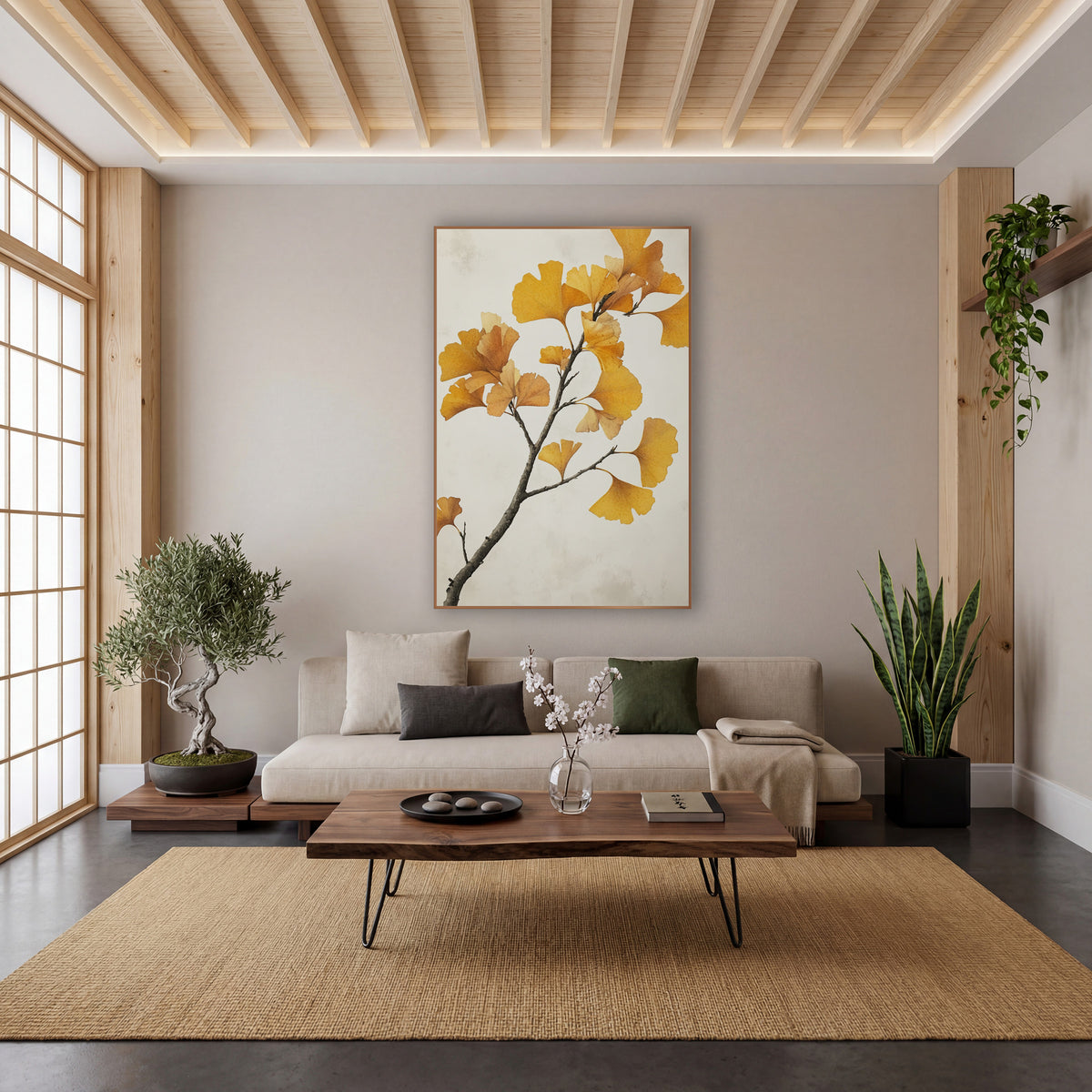 Ginkgo Pale Mist Branch wall art in a calm Japandi-style room – ginkgo branch with golden yellow fan-shaped leaves
