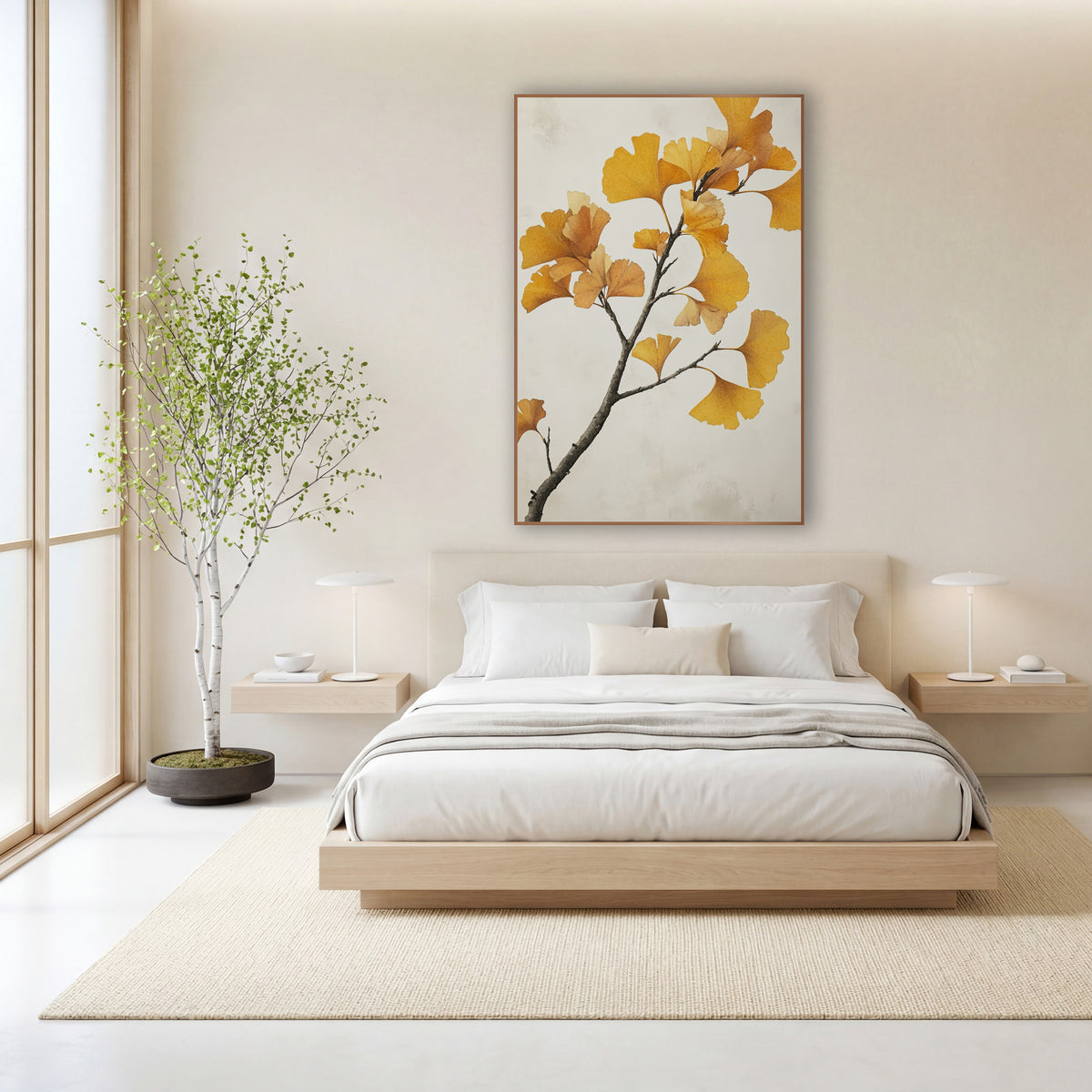 Ginkgo Pale Mist Branch wall art in a calm Japandi-style room – ginkgo branch with golden yellow fan-shaped leaves