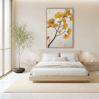 Ginkgo Pale Mist Branch wall art in a calm Japandi-style room – ginkgo branch with golden yellow fan-shaped leaves
