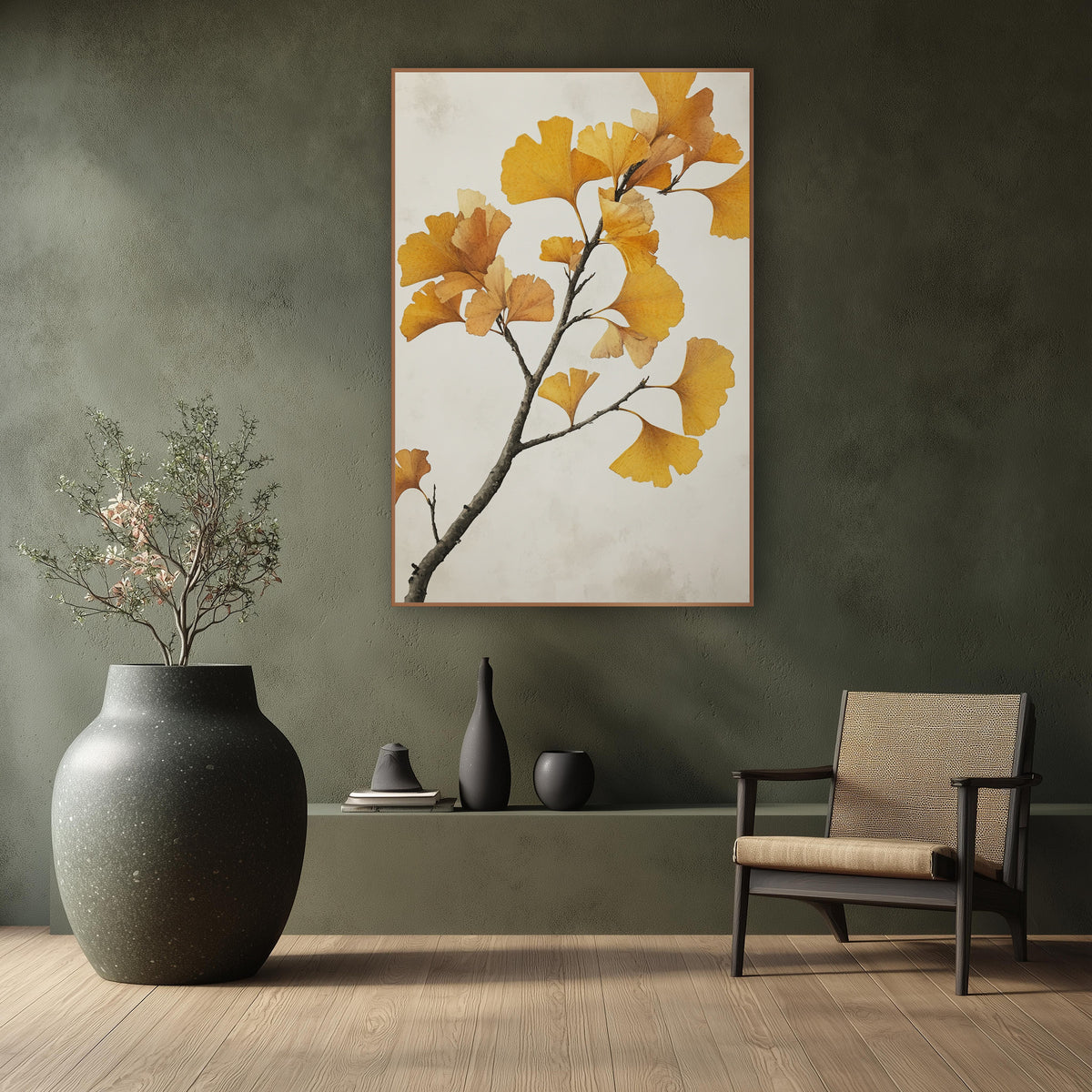 Ginkgo Pale Mist Branch wall art in a calm Japandi-style room – ginkgo branch with golden yellow fan-shaped leaves