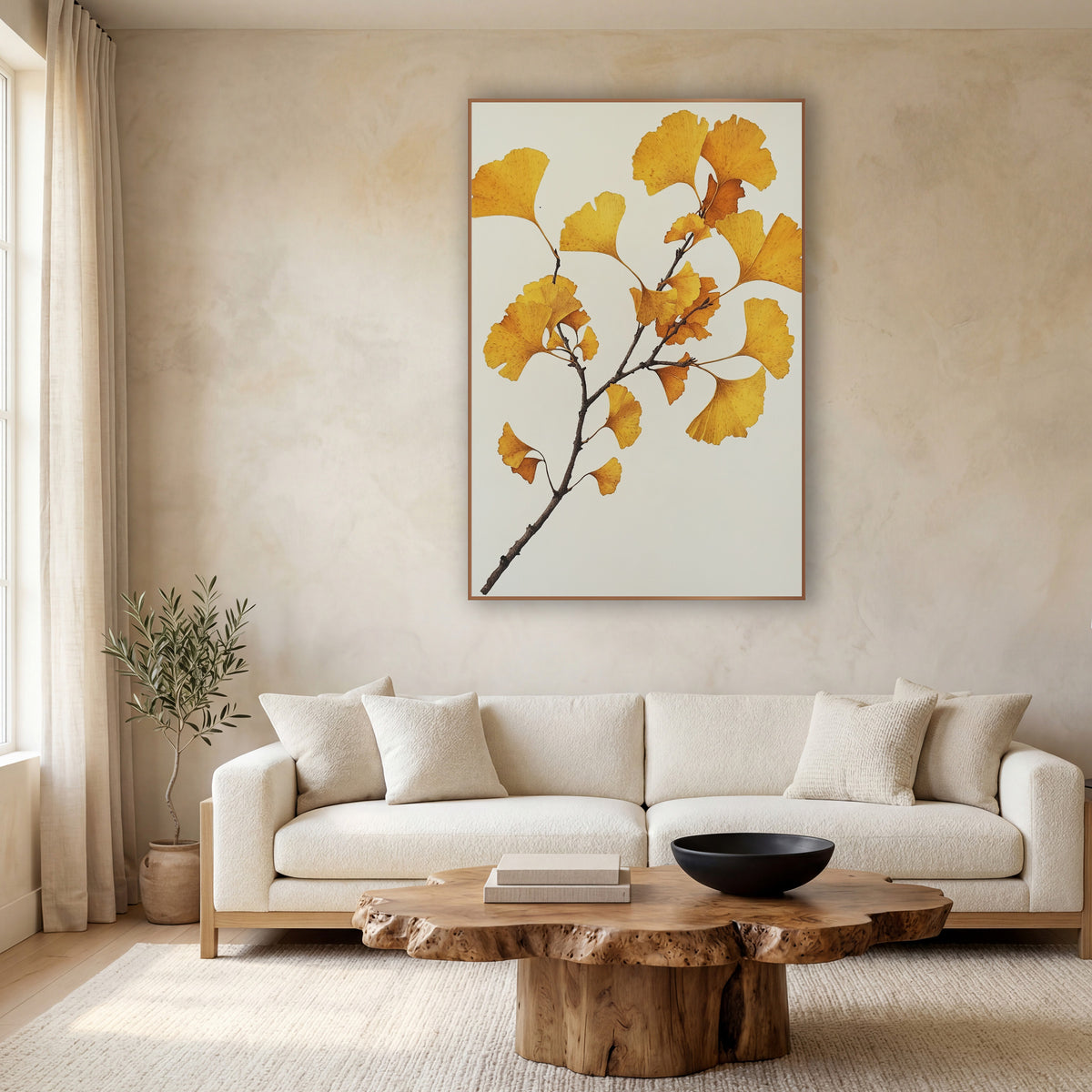 Ginkgo Clean Ivory Spray wall art in a calm Japandi-style room – ginkgo branch with golden yellow and amber fan-shaped